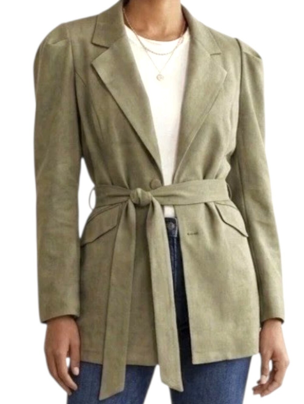 Solitaire Sage Green Faux Suede Belted Blazer Jacket Puff Sleeve Button Front LG - Picture 13 of 16